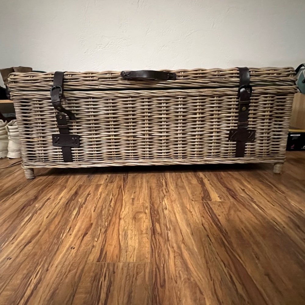 Brown Woven Basket with Leather Accents